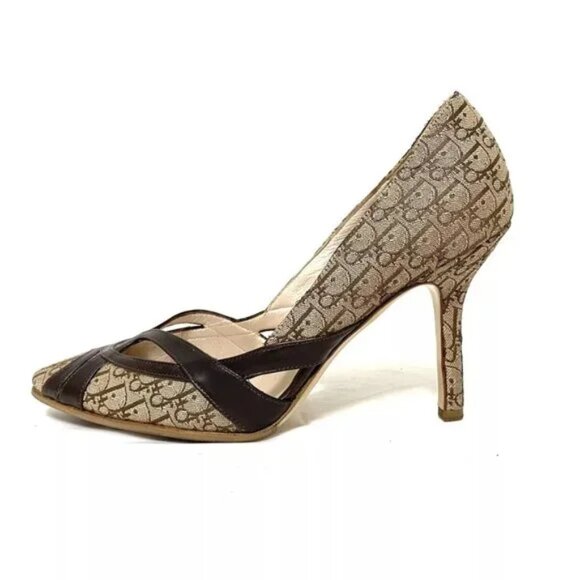 Dior Shoes - 100% Auth DIOR/ChristianDior Beige Dark Brown Jacquard Leather Women's Pumps